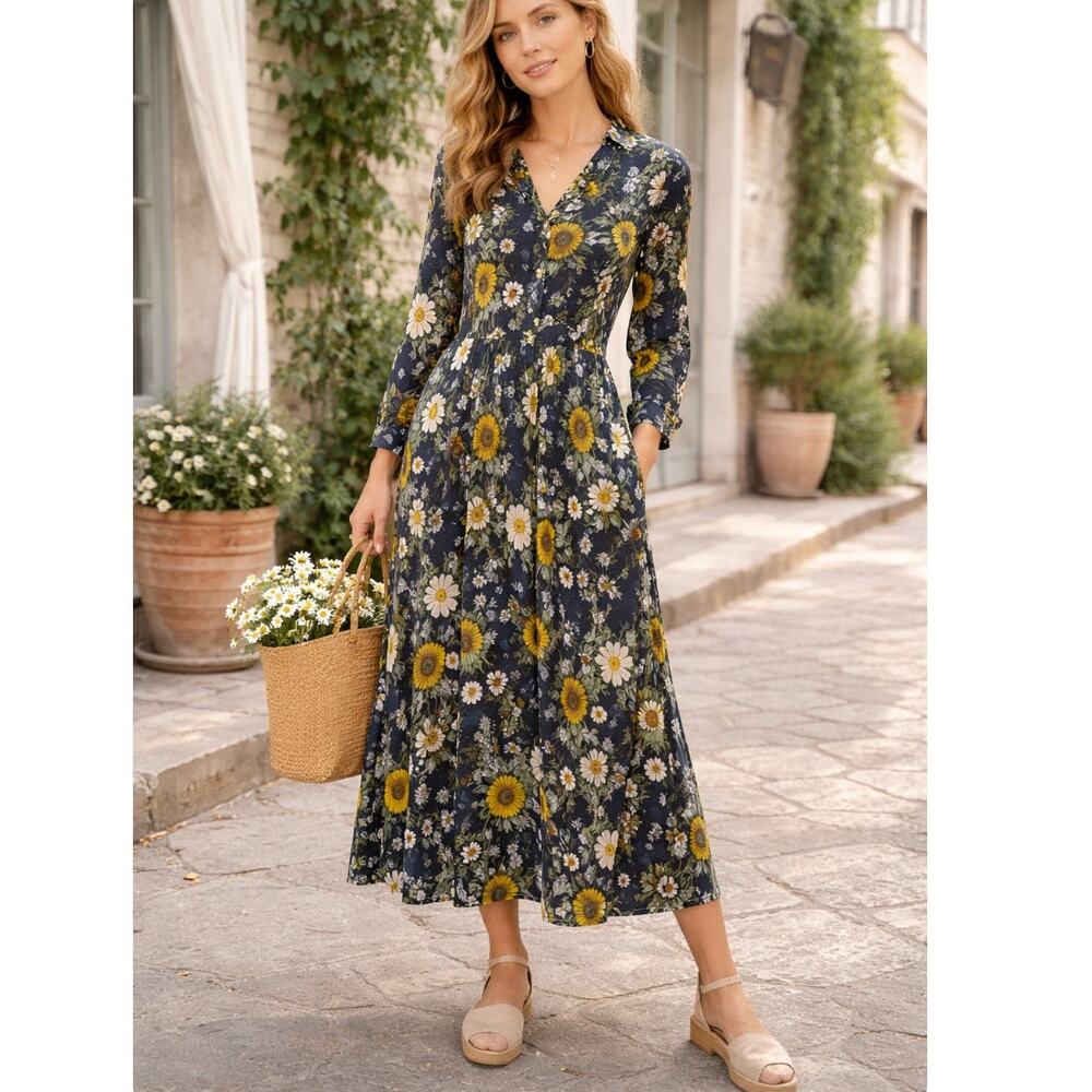 French Floral Midi Dress Daisy Sunflower Print Long Sleeve Cottagecore 38 (US 6)